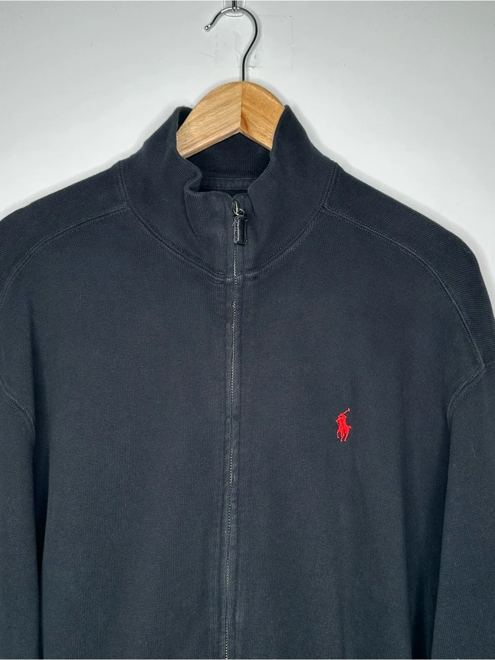 Polo Ralph Lauren Full Zip Mock Neck Sweater Black Red Pony Size XL
